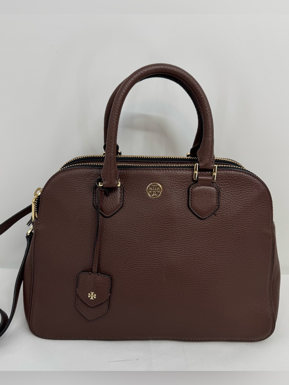 Tory Burch Robinson Pebbled Leather Triple Compartment Choco Brown Bag